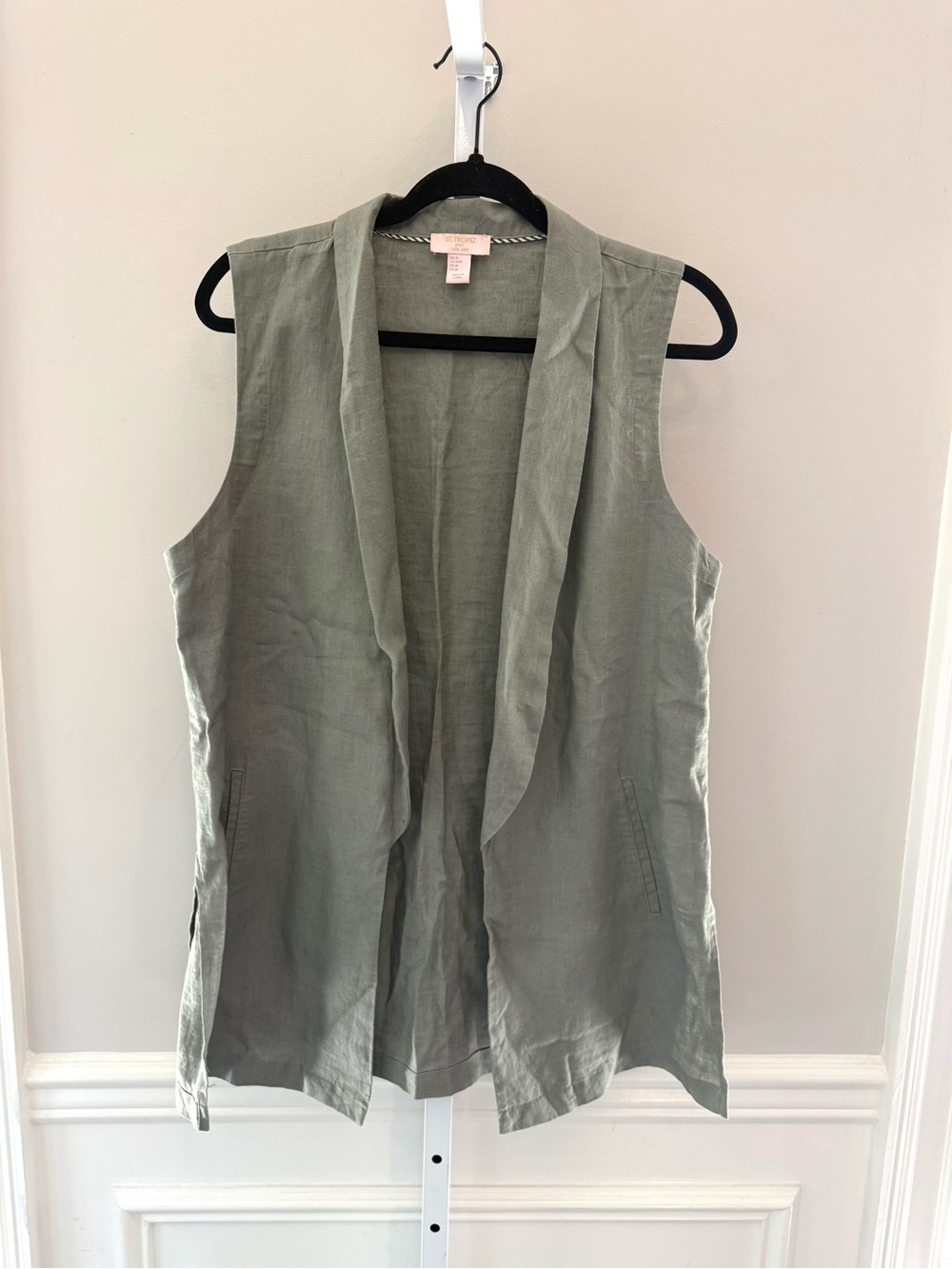 Saint Tropez West Olive Green Linen Vest Sleeveless Open Front